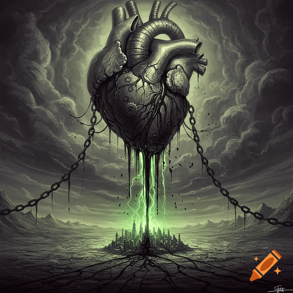 A chained mechanical heart drips black oil into green energy onto a city in a barren, cloudy, surreal dark fantasy landscape.