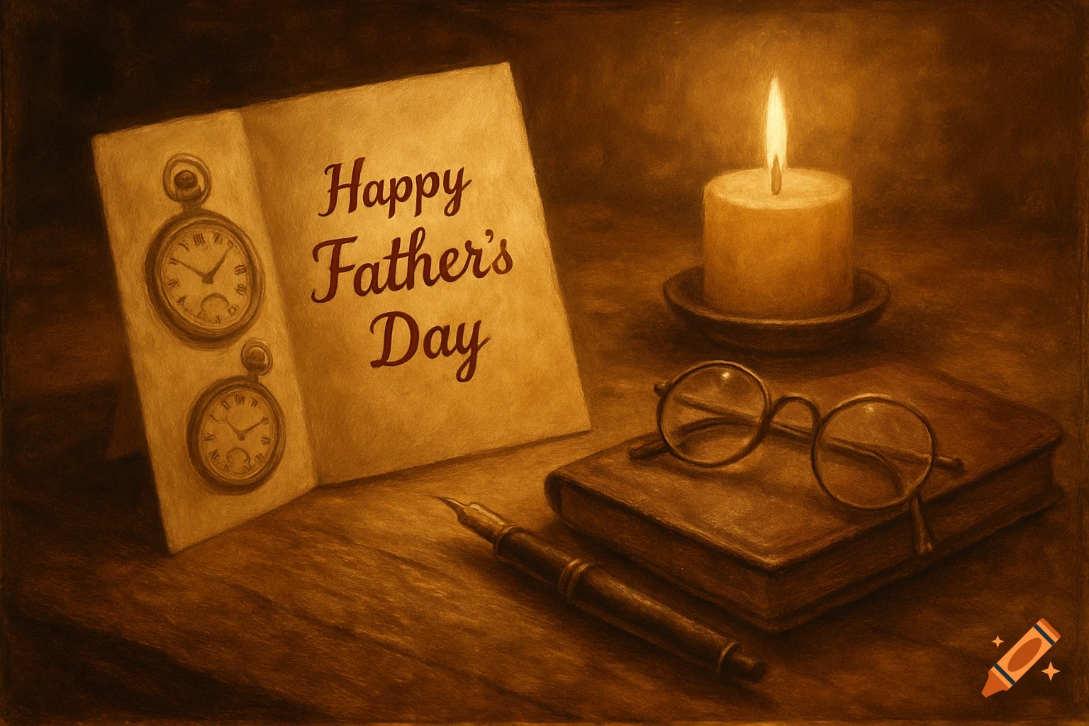 A sepia-toned still life shows an open "Happy Father's Day" card, two pocket watches, a pen, a book, and a lit candle on a wooden table.