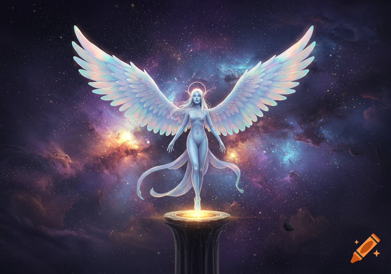 An ethereal winged female figure stands on a glowing pedestal against a vibrant cosmic nebula.