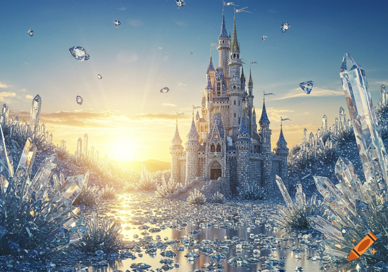 A majestic diamond castle rises from a landscape of sparkling crystals and reflective water under a glowing sunset sky.