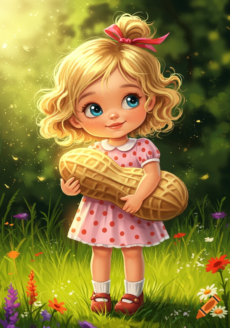 Whimsical cartoon of a cute blonde girl in a pink polka dot dress holding a large peanut in a sunny field with flowers.