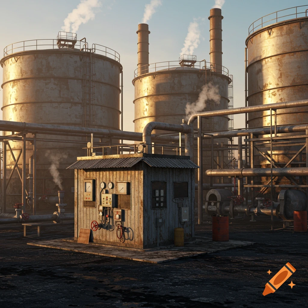 An industrial bitumen production facility with large rusty tanks, complex piping, and a small control shed under a clear sky.