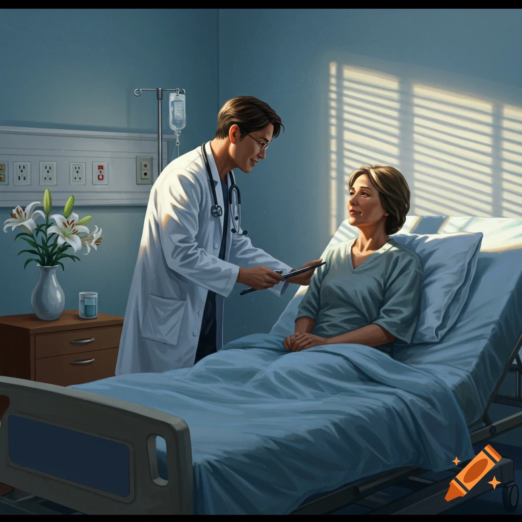 A male doctor in a white coat examines a female patient lying in a bed in a hospital room, sunlight streams through window blinds.