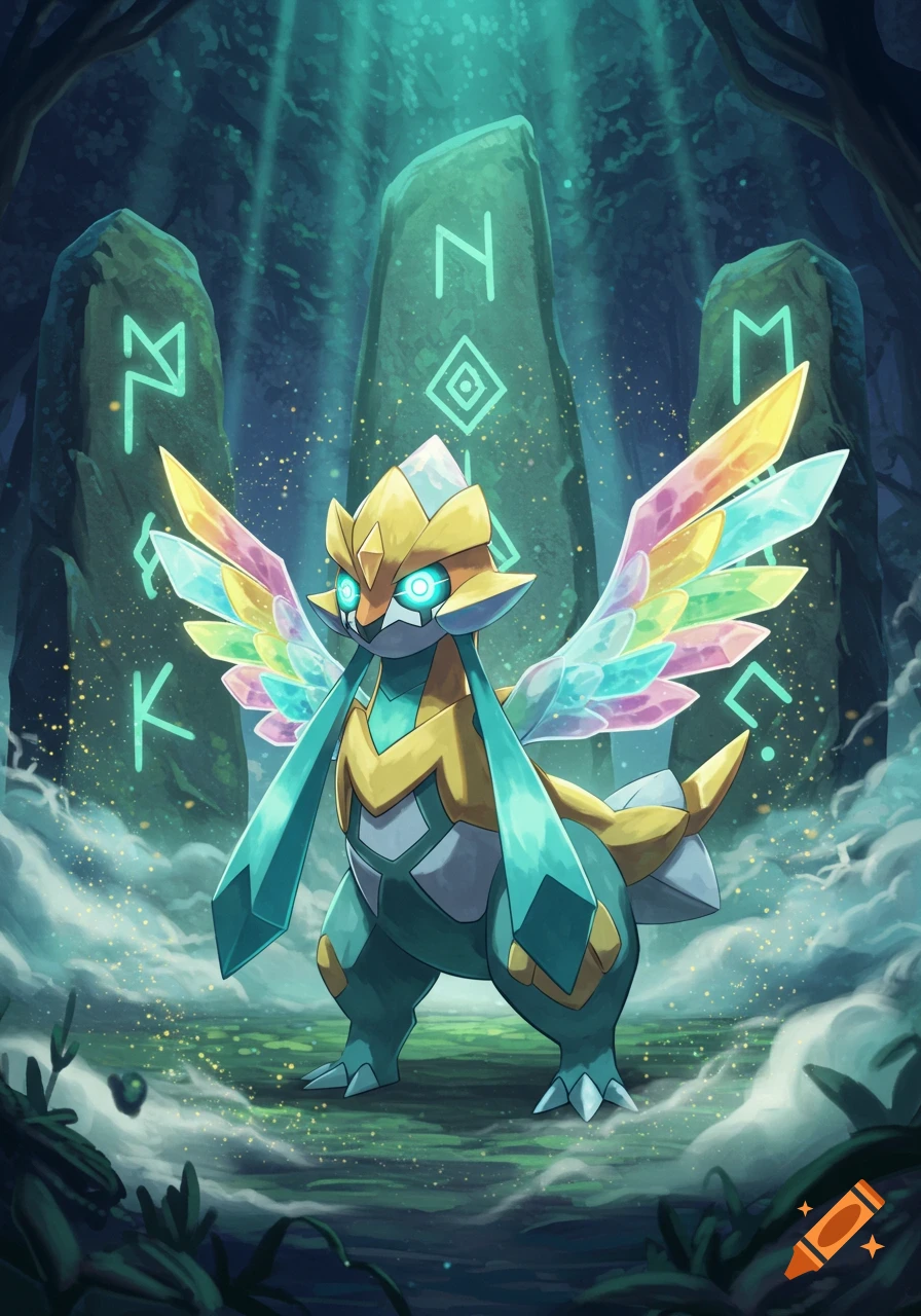 A colorful crystalline pokemon with rainbow wings and teal elements stands in a misty, dark forest with glowing runes on ancient stones.