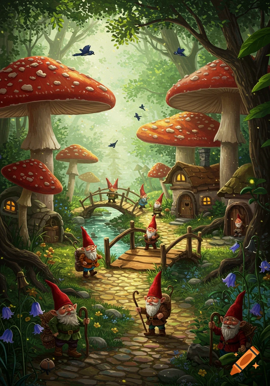 A whimsical forest scene with numerous gnomes walking along a path and bridges among giant red-capped mushrooms and small wooden houses.