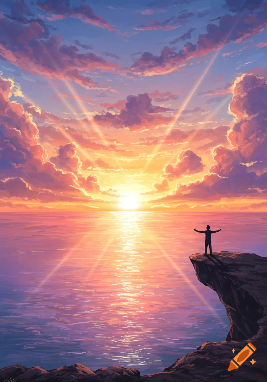 A person stands with arms outstretched on a cliff overlooking a vibrant sunset over the ocean, depicted in a digital art style.