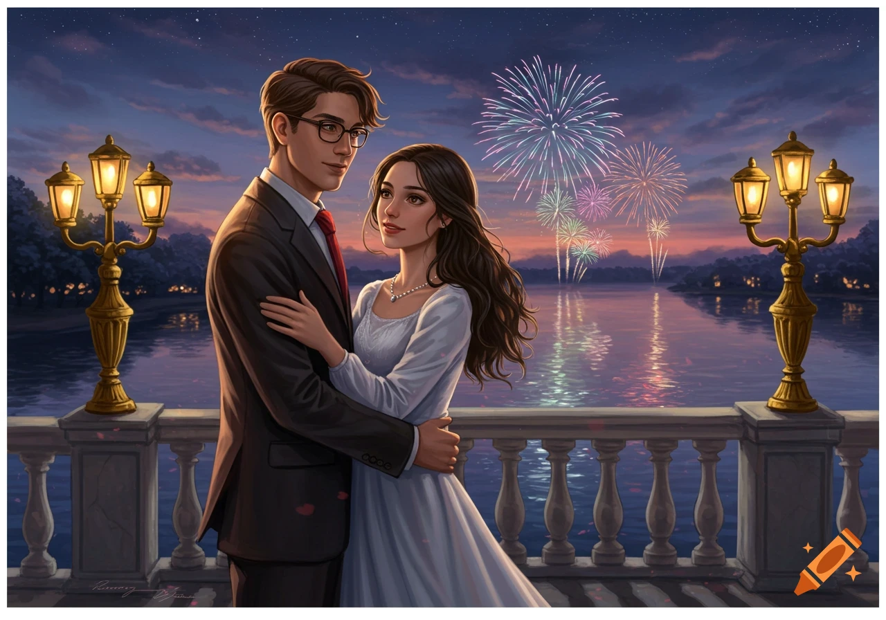 An illustrated romantic scene of a couple embracing on a balcony overlooking a lake, with fireworks lighting up the night sky.