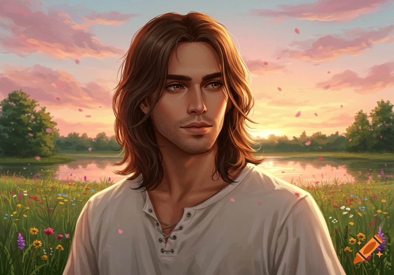 A digital painting of a man with long brown hair standing in a wildflower field by a lake at sunset, with pink petals floating in the air.