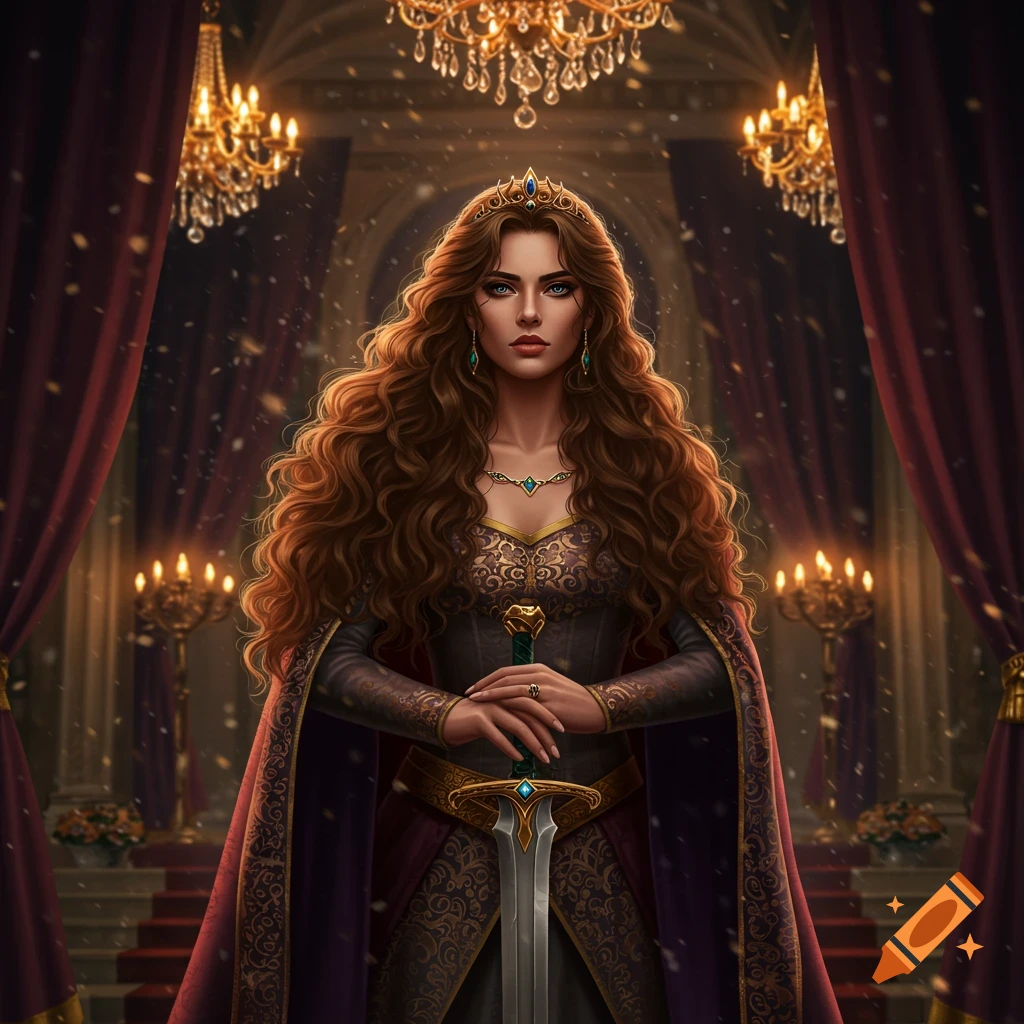 A regal woman with long brown curly hair and a crown, holding a sword, stands in a grand palace hall with chandeliers.