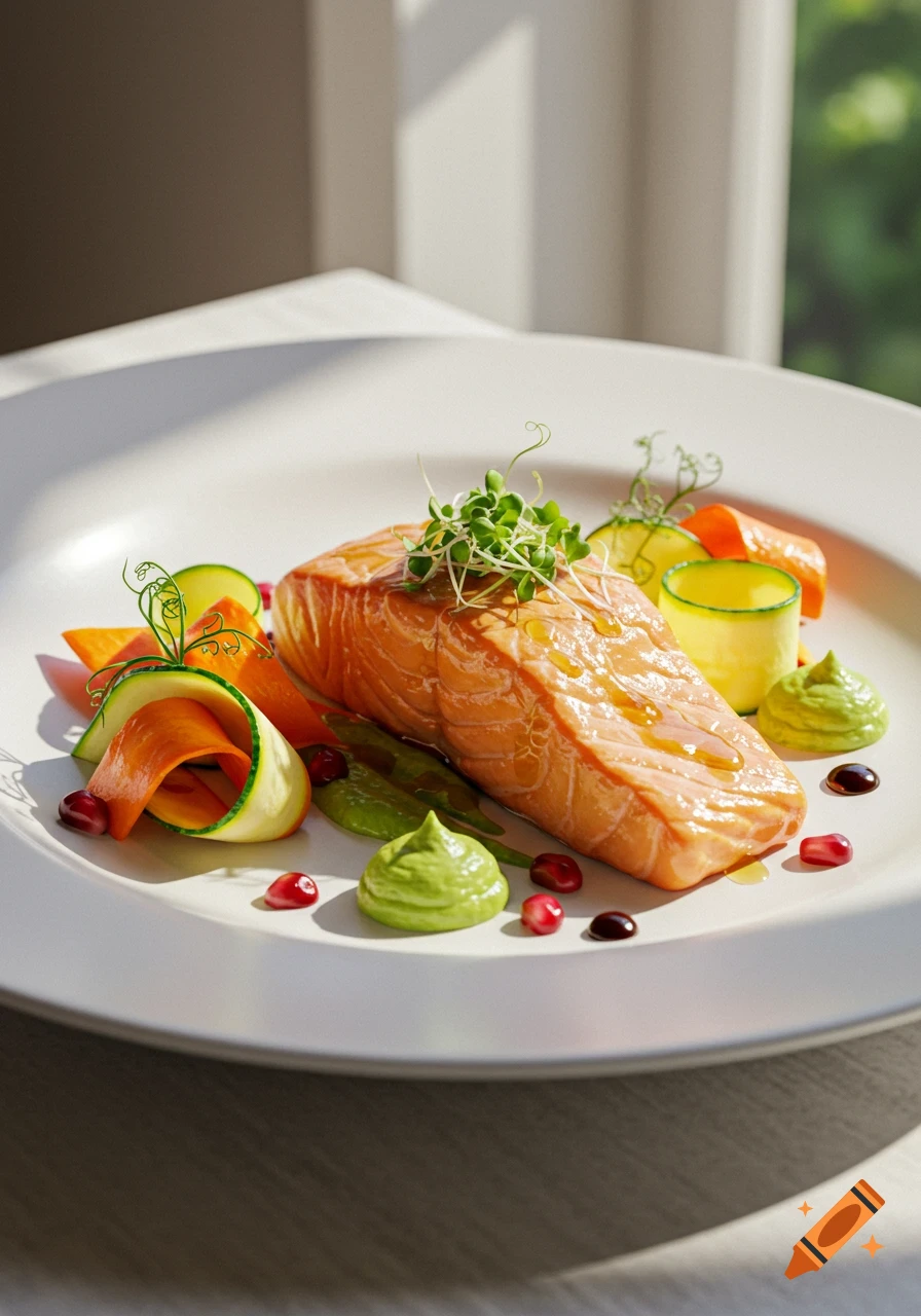 Grilled salmon fillet with green sprouts, colorful vegetables, and sauces on a white plate, photorealistic.