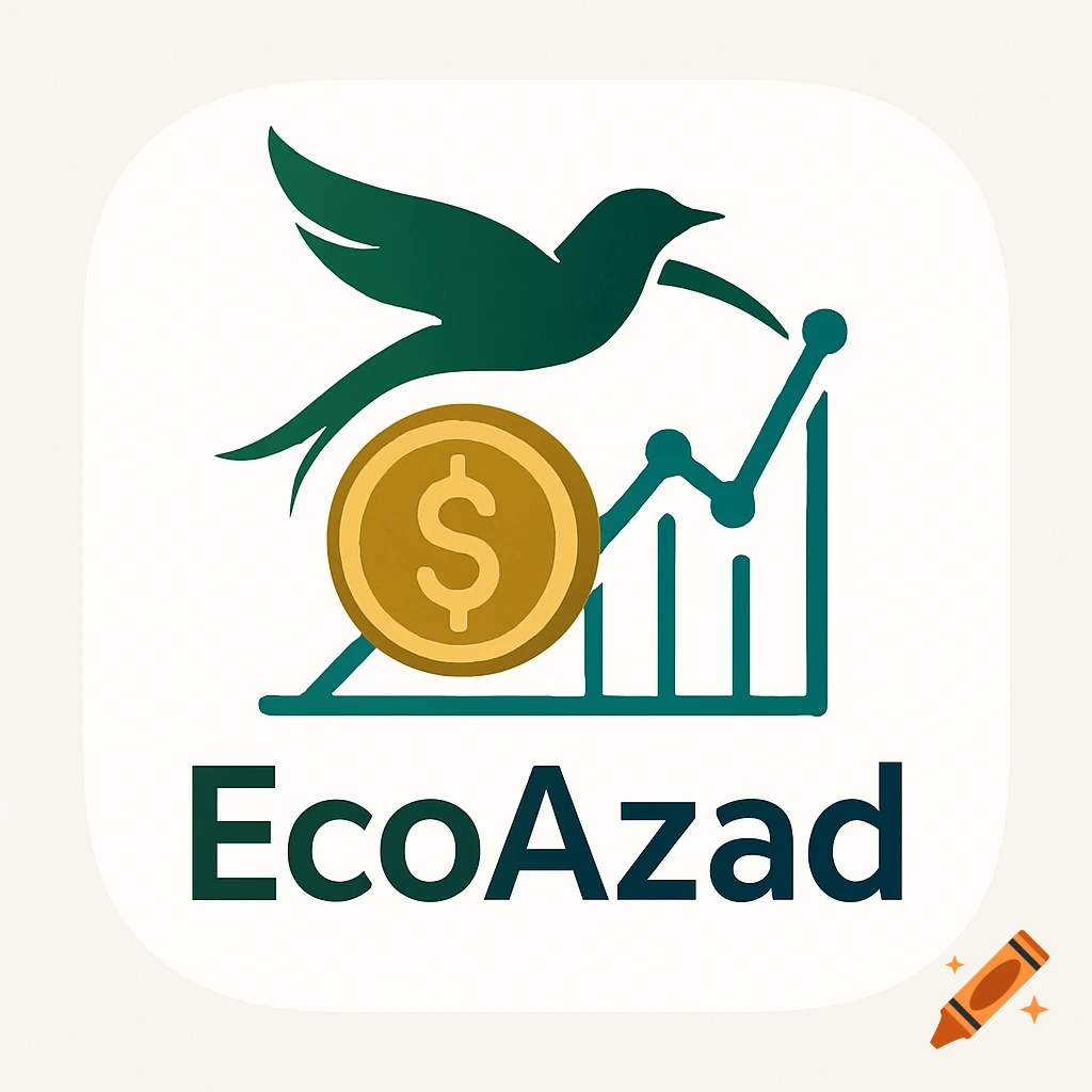 Minimalist logo featuring a green bird, a golden dollar coin, a teal line graph, and the text 'EcoAzad' on a white background.