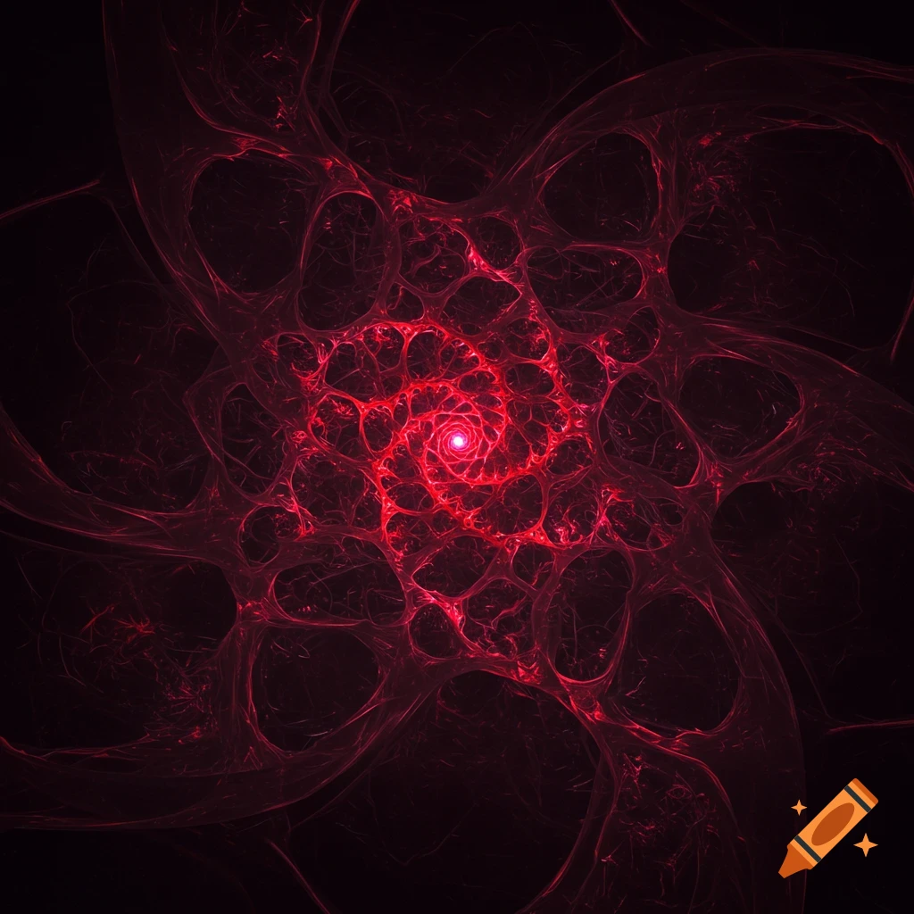 A dark red intricate fractal pattern resembling veins or a neural network, spiraling to a bright center on a black background.