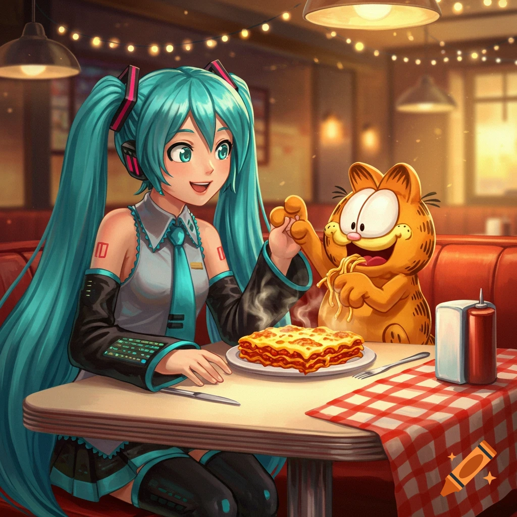 Hatsune Miku and Garfield share a plate of lasagna in a cozy diner, both smiling.