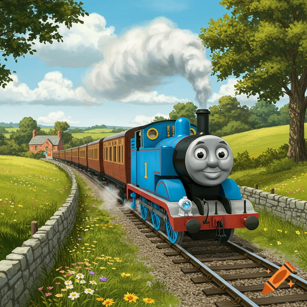 Thomas the Tank Engine with passenger cars chugging along tracks through a vibrant green, hilly countryside under a blue sky, in an illustration style.