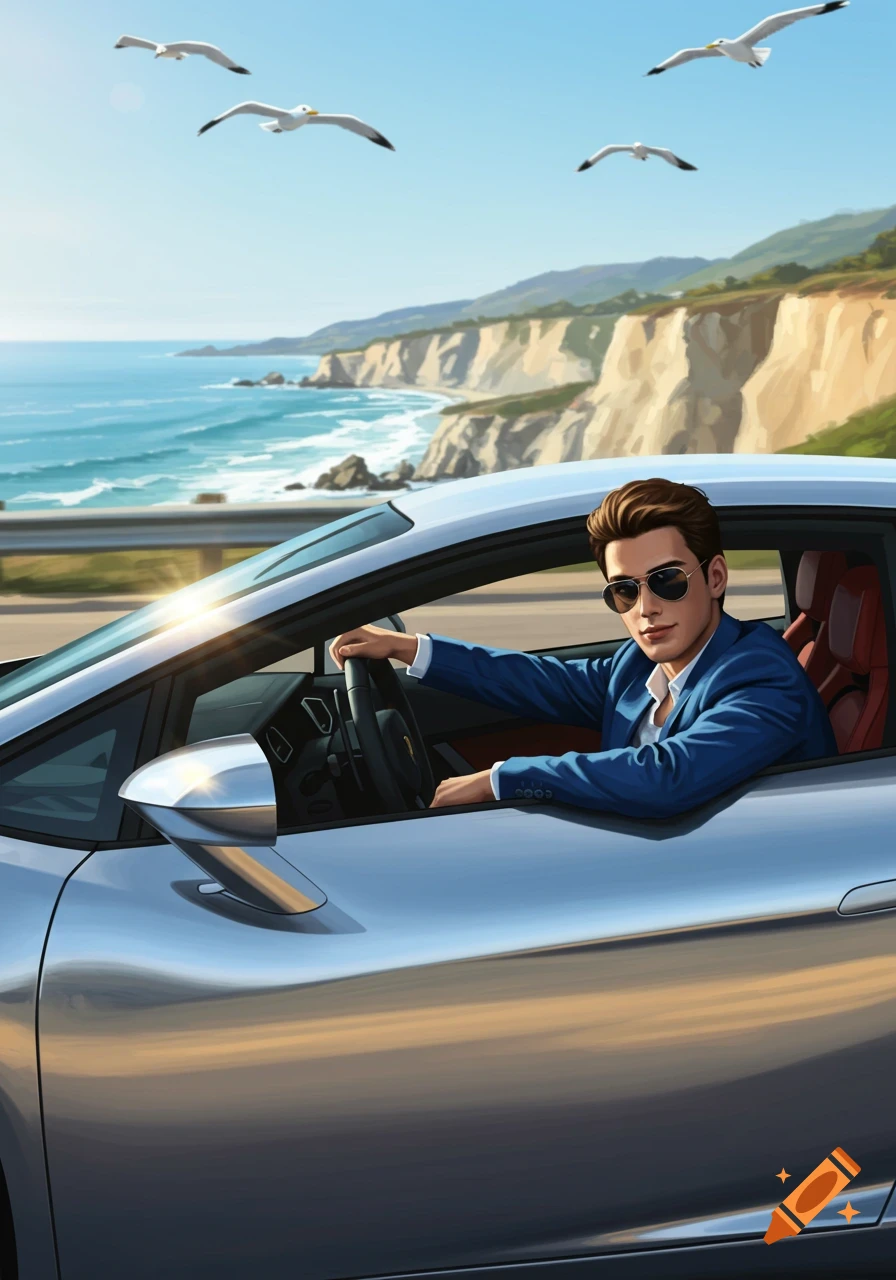 An illustrated man in a blue suit and sunglasses drives a silver sports car along a coastal highway with ocean and cliffs.