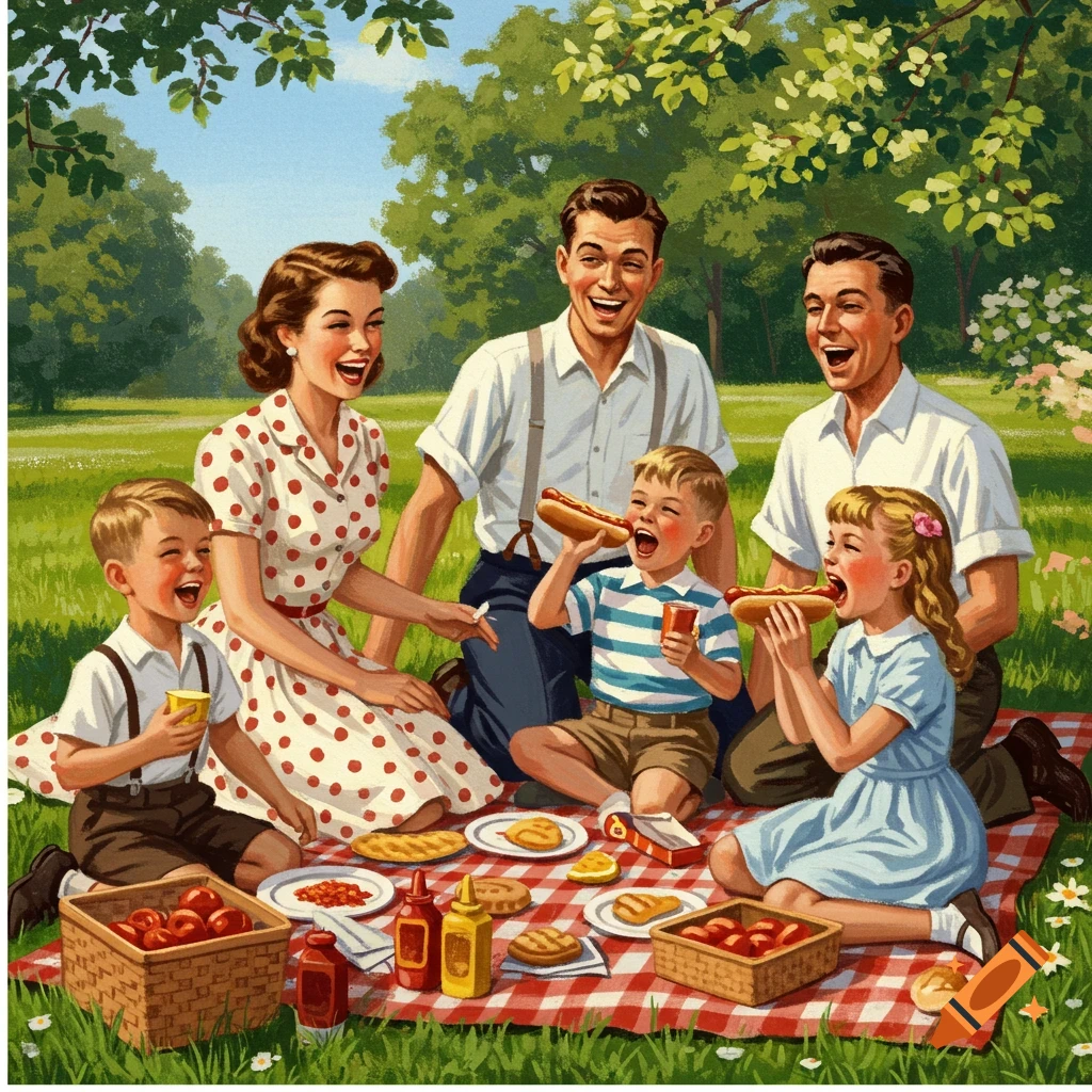 Vintage illustration of a happy 1950s family picnicking in a park, laughing and eating hot dogs.