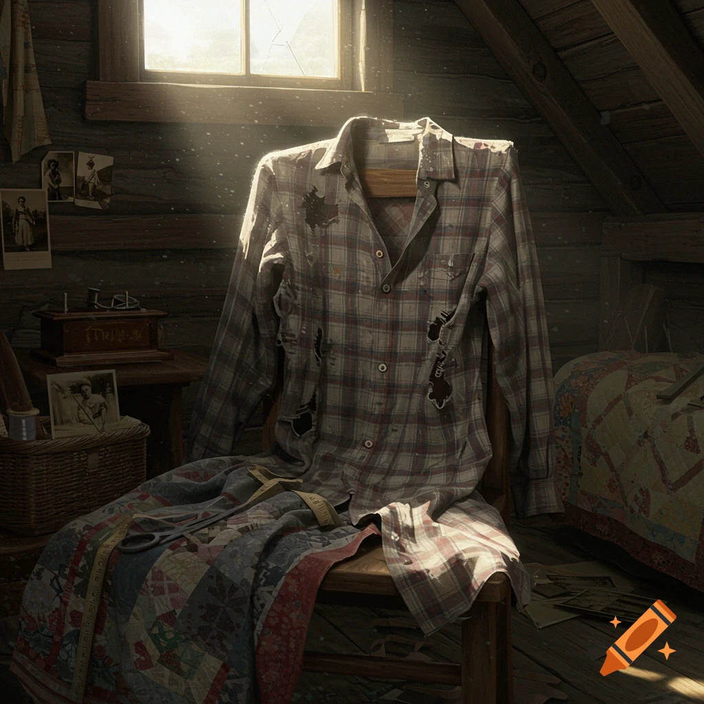 A sunlit, dusty attic room with a tattered plaid shirt on a wooden chair, a quilt, sewing tools, and old photographs.