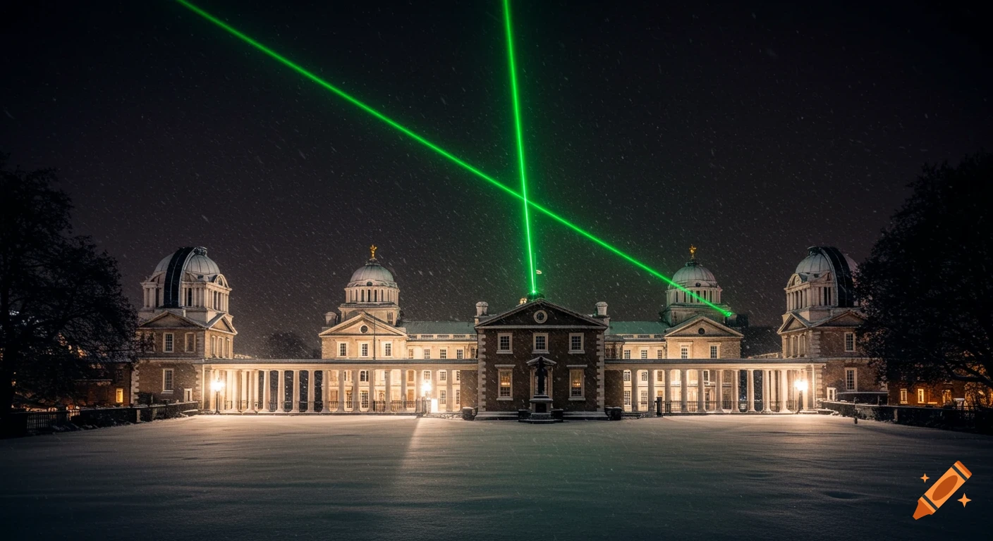 Photorealistic image of Greenwich Royal Observatory covered in snow at night, with bright green laser beams crossing in the dark sky.