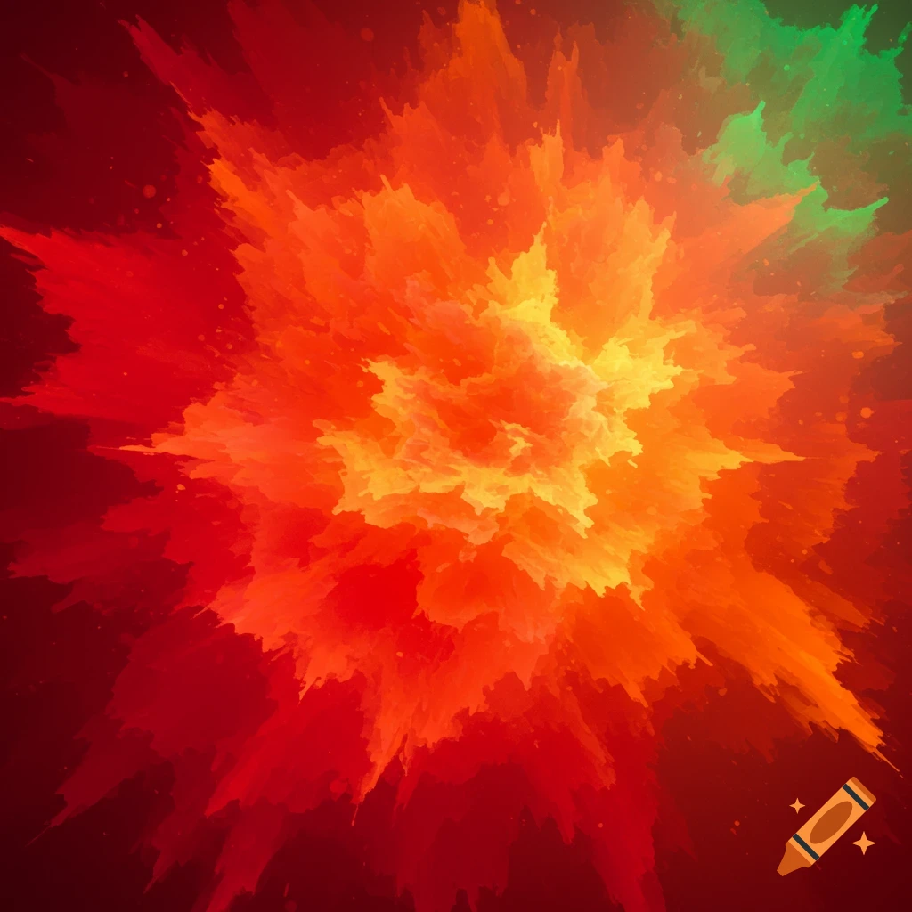 An abstract explosion of vibrant red, orange, and yellow colors with hints of green, bursting outwards with a spiky texture.