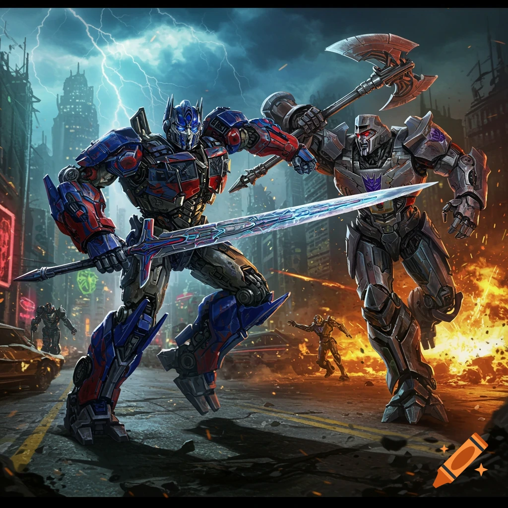 Optimus Prime with a sword and Megatron with an axe battle on a city street under a lightning storm, with explosions.