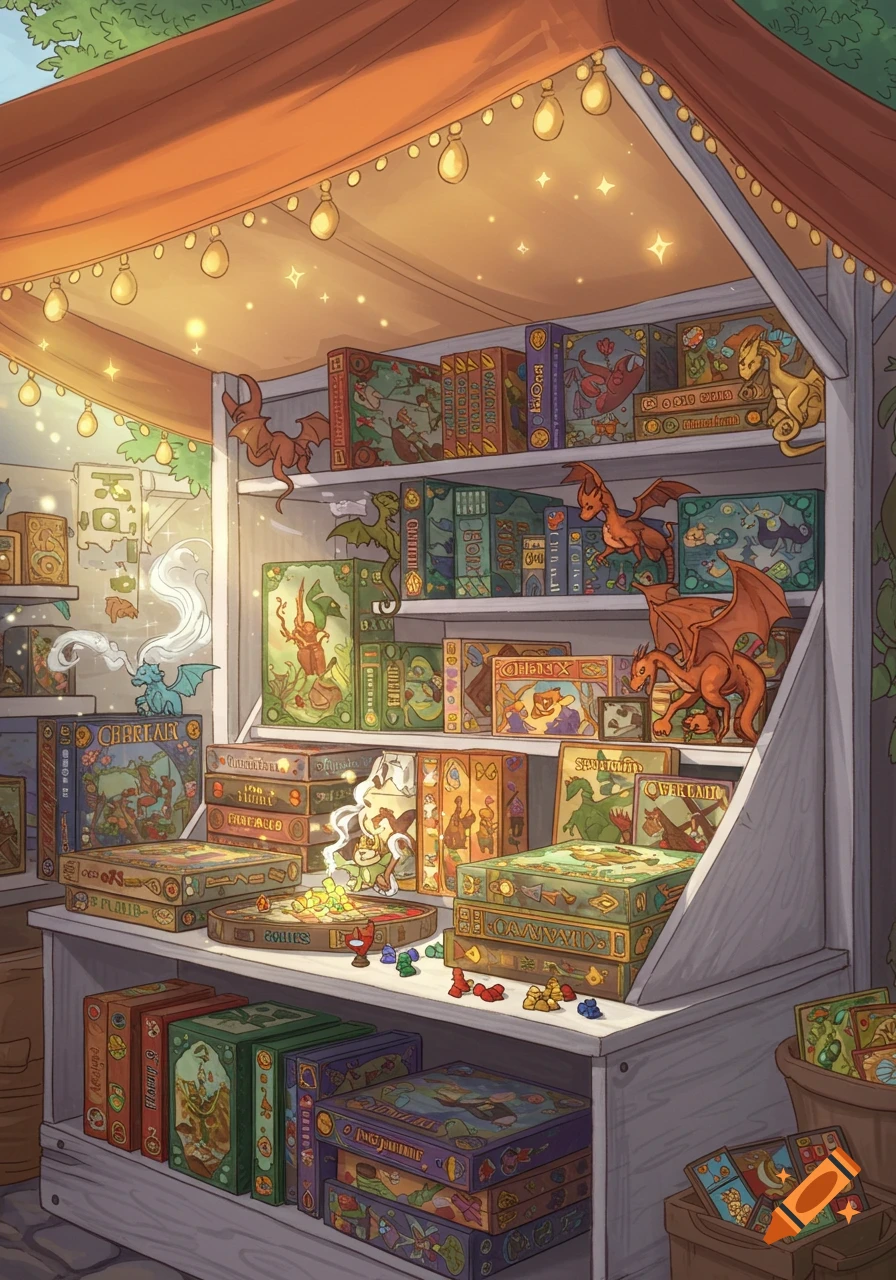 A whimsical fantasy board game stall with shelves full of colorful game boxes, stylized dragons, and glowing lights under an orange awning.