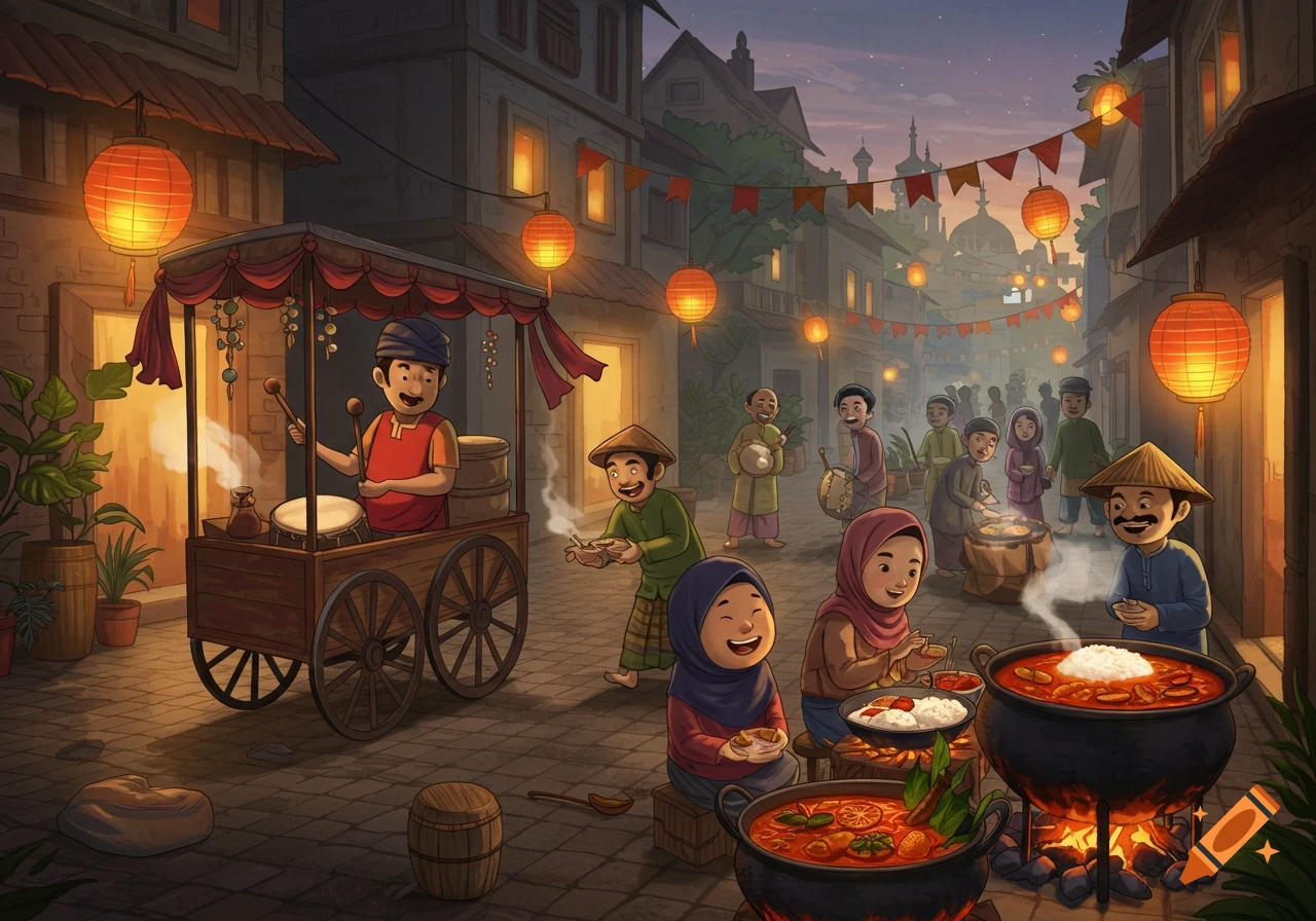 A vibrant illustrated street market scene at dusk, with people in traditional attire preparing and enjoying food under glowing lanterns.