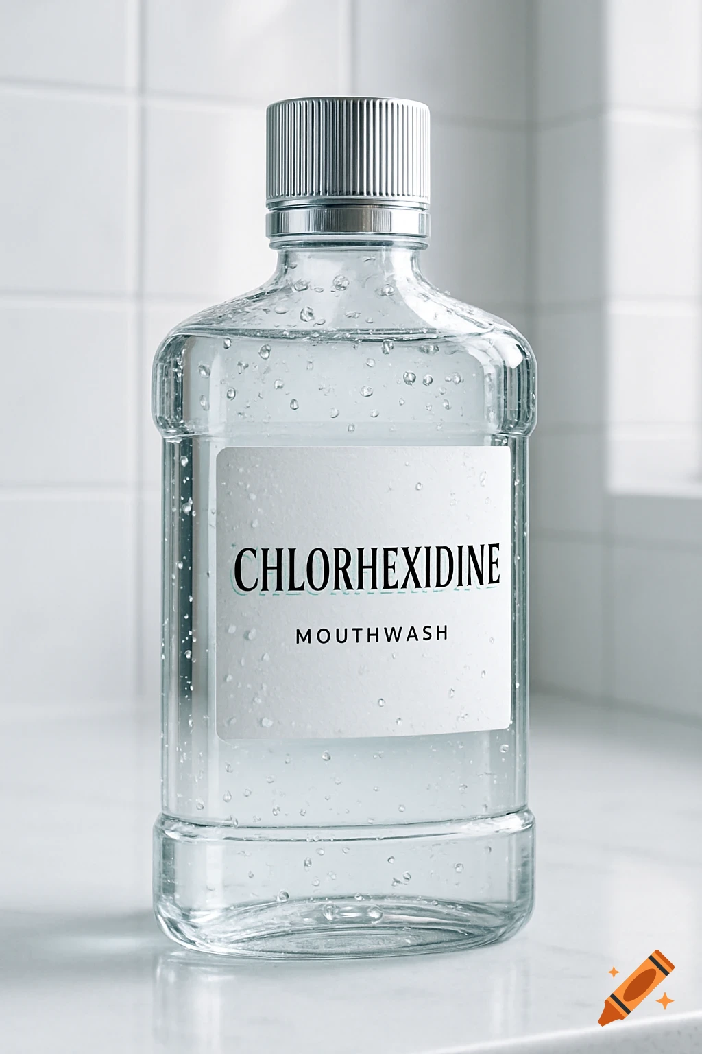 A clear bottle of "CHLORHEXIDINE MOUTHWASH" with water droplets on a white tiled surface.