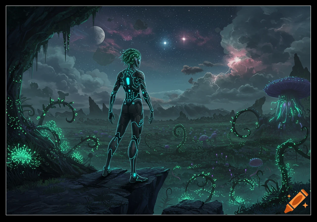 Glowing figure on cliff overlooks dark alien landscape with bioluminescent plants, mushrooms, moon, and stormy sky.