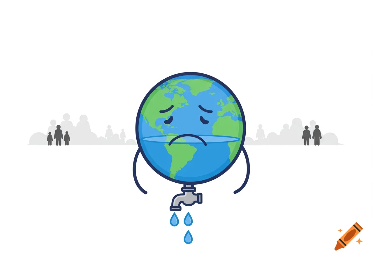 Cartoon Earth with a sad face and dwindling water, a faucet leaking from its bottom, with indifferent human silhouettes in the background. Simple illustration.