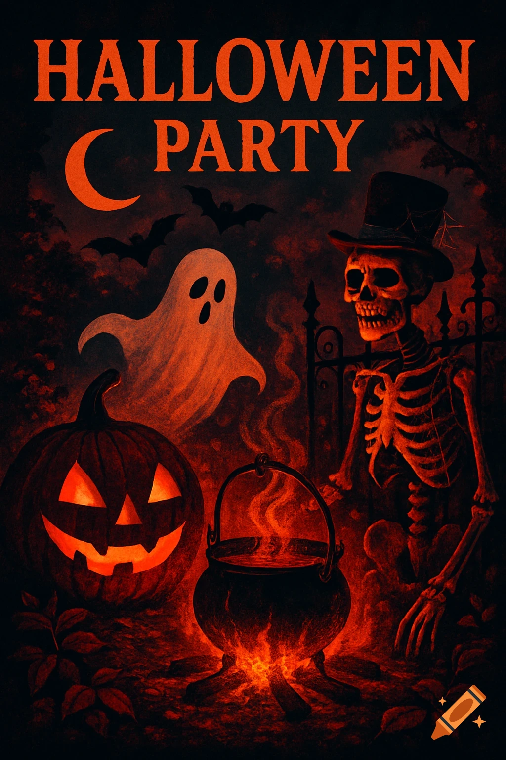 Vintage 'HALLOWEEN PARTY' poster with a jack-o'-lantern, ghost, skeleton, and glowing cauldron in red, orange, and black.