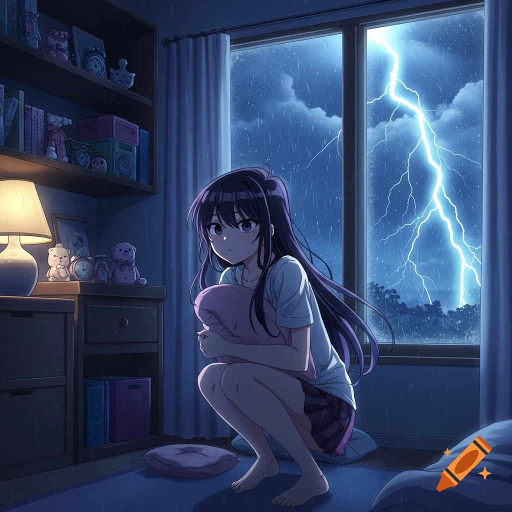 Anime girl Shōko Komi crouches on the floor, holding a pink pillow and looking scared as lightning flashes outside her window during a stormy night.