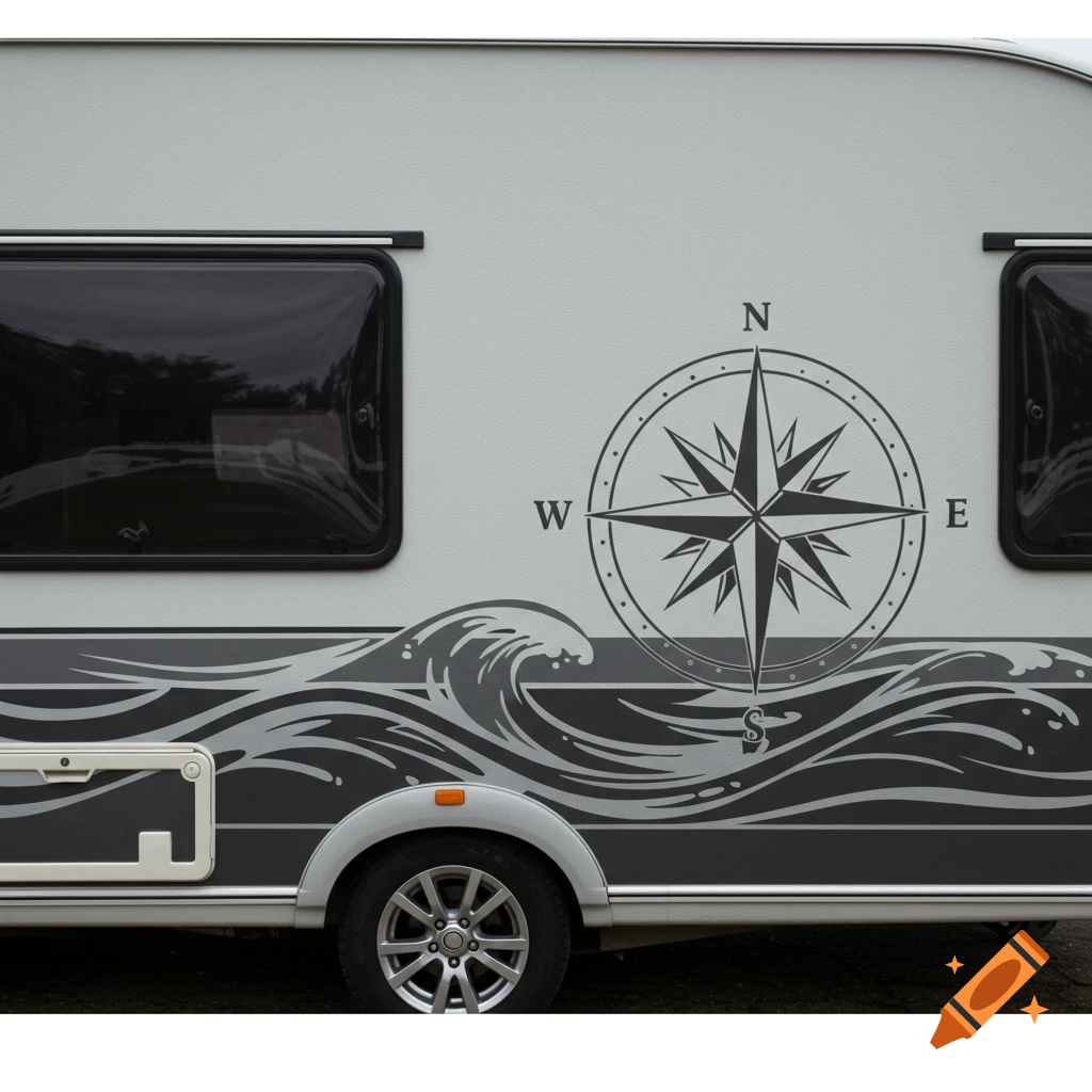 Close-up of a gray caravan side with a large compass rose and stylized wave decal in shades of gray.