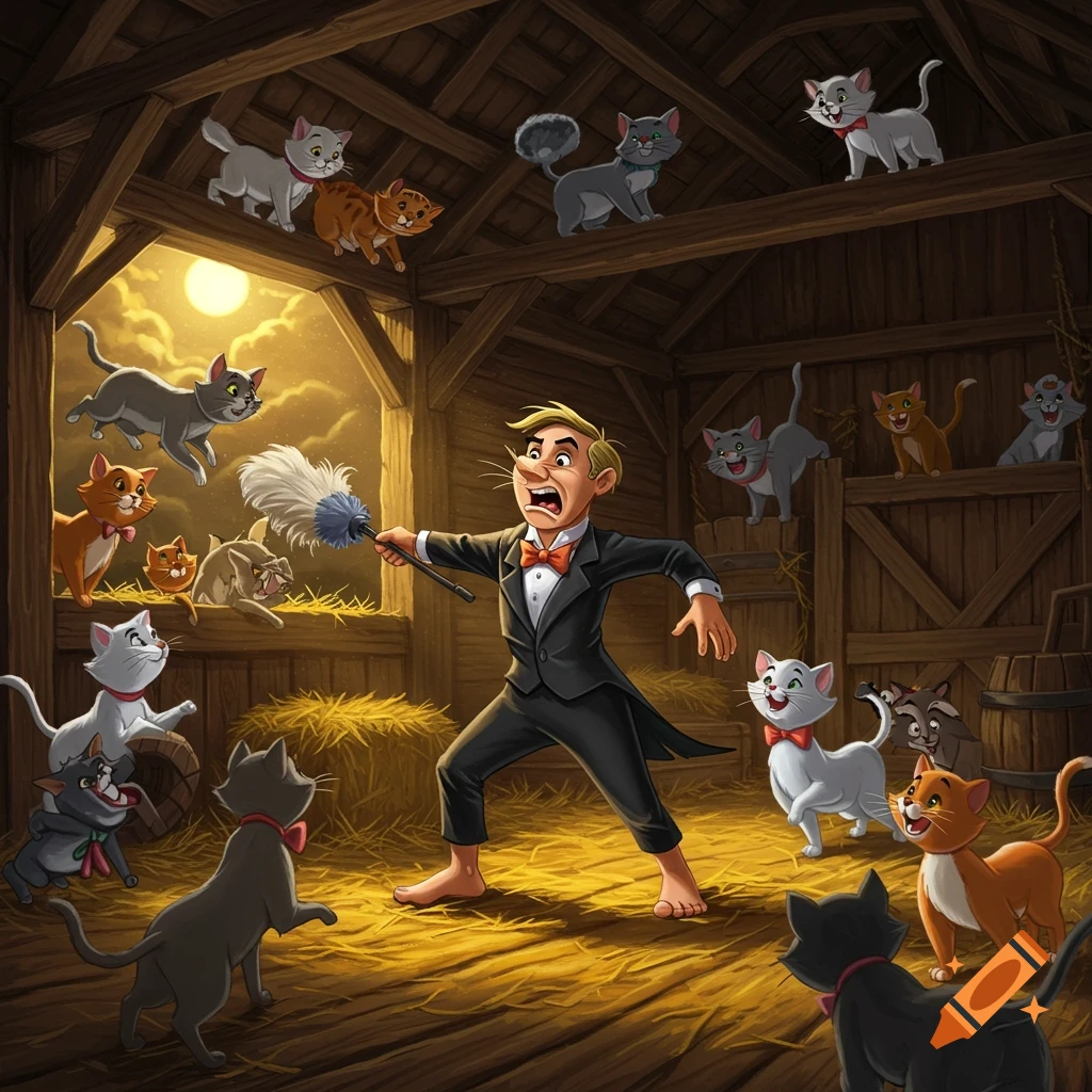 Cartoon butler Edgar from The Aristocats, barefoot and holding a feather duster, fends off a swarm of cats in a barn.
