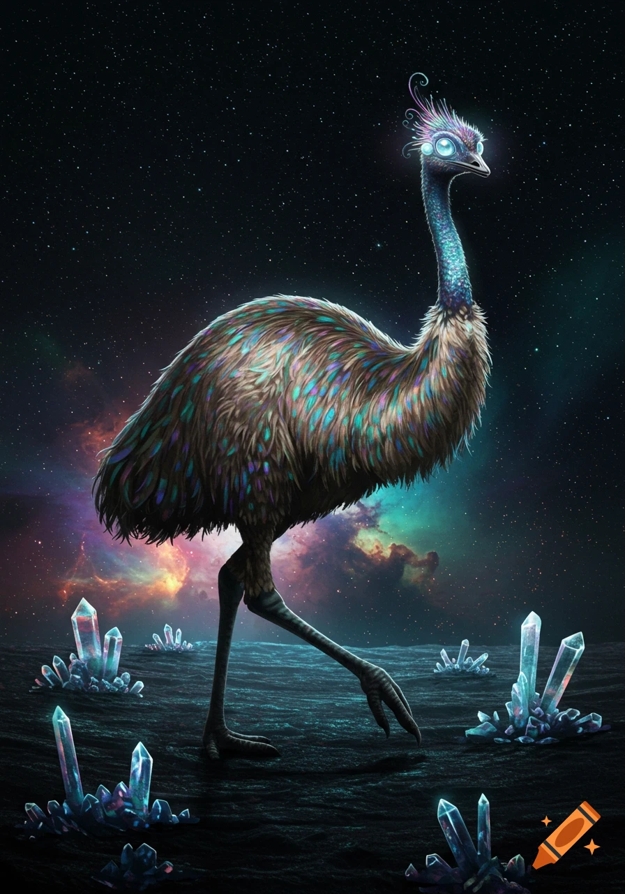 An iridescent emu-like alien with glowing eyes on a dark cosmic landscape with colorful nebulae and glowing crystals.