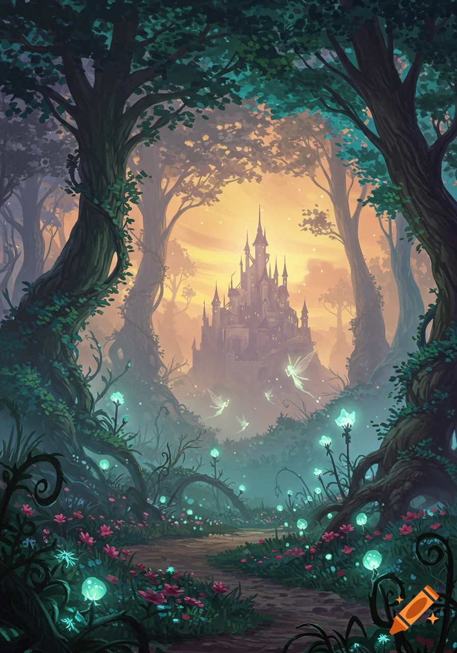 Stylized illustration of a fairytale castle in a magical forest with glowing plants and flying fairies at twilight.