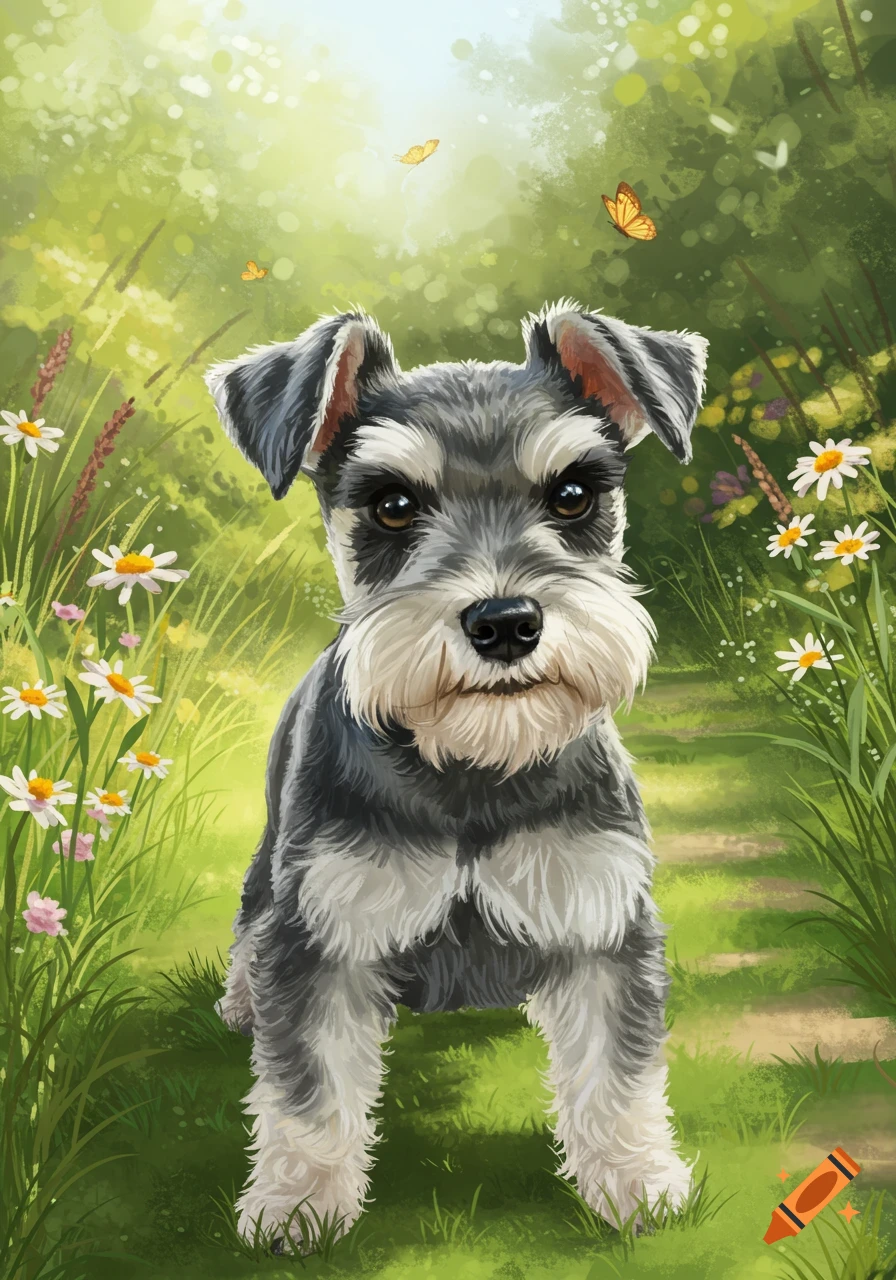 A digital painting of a mini schnauzer puppy with upright ears standing on a path in a lush green meadow with white daisies and butterflies.