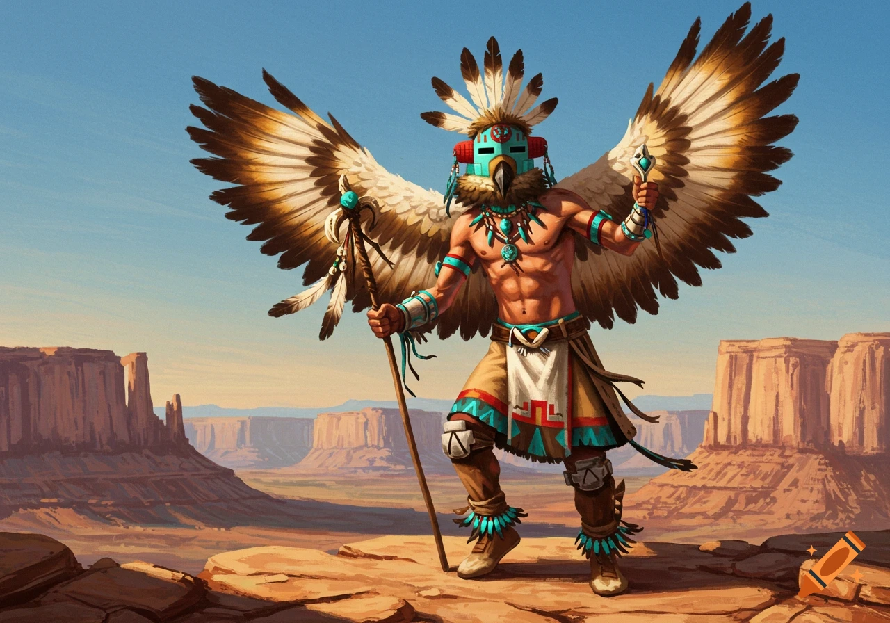 A brave eagle spirit kachina figure with feathered wings and a bird mask stands in a rocky desert landscape, holding a staff.