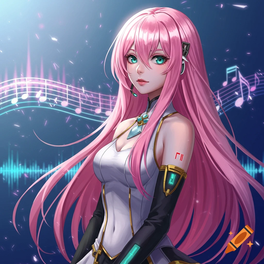Anime-style character with long pink hair and teal eyes, wearing a white and black outfit, surrounded by glowing musical notes.