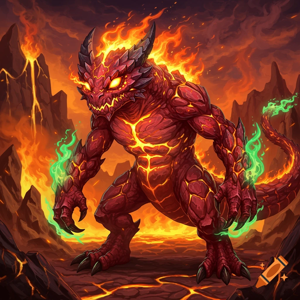 A muscular, red lava-skinned monster with fiery horns and glowing eyes, surrounded by flames and green energy in a volcanic landscape.