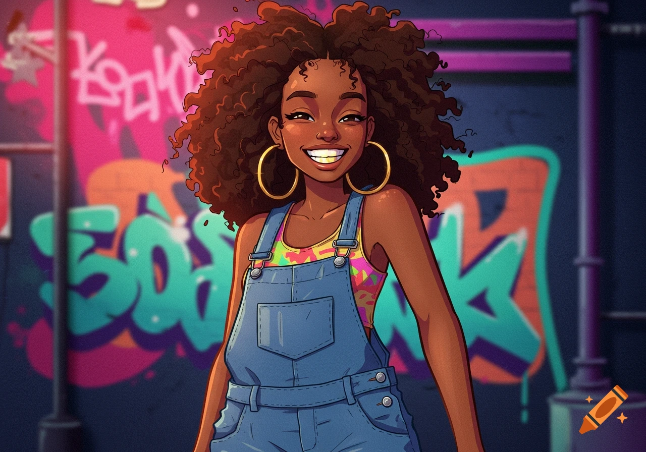 Smiling cartoon girl with curly hair, hoop earrings, and denim overalls in front of a graffiti wall.