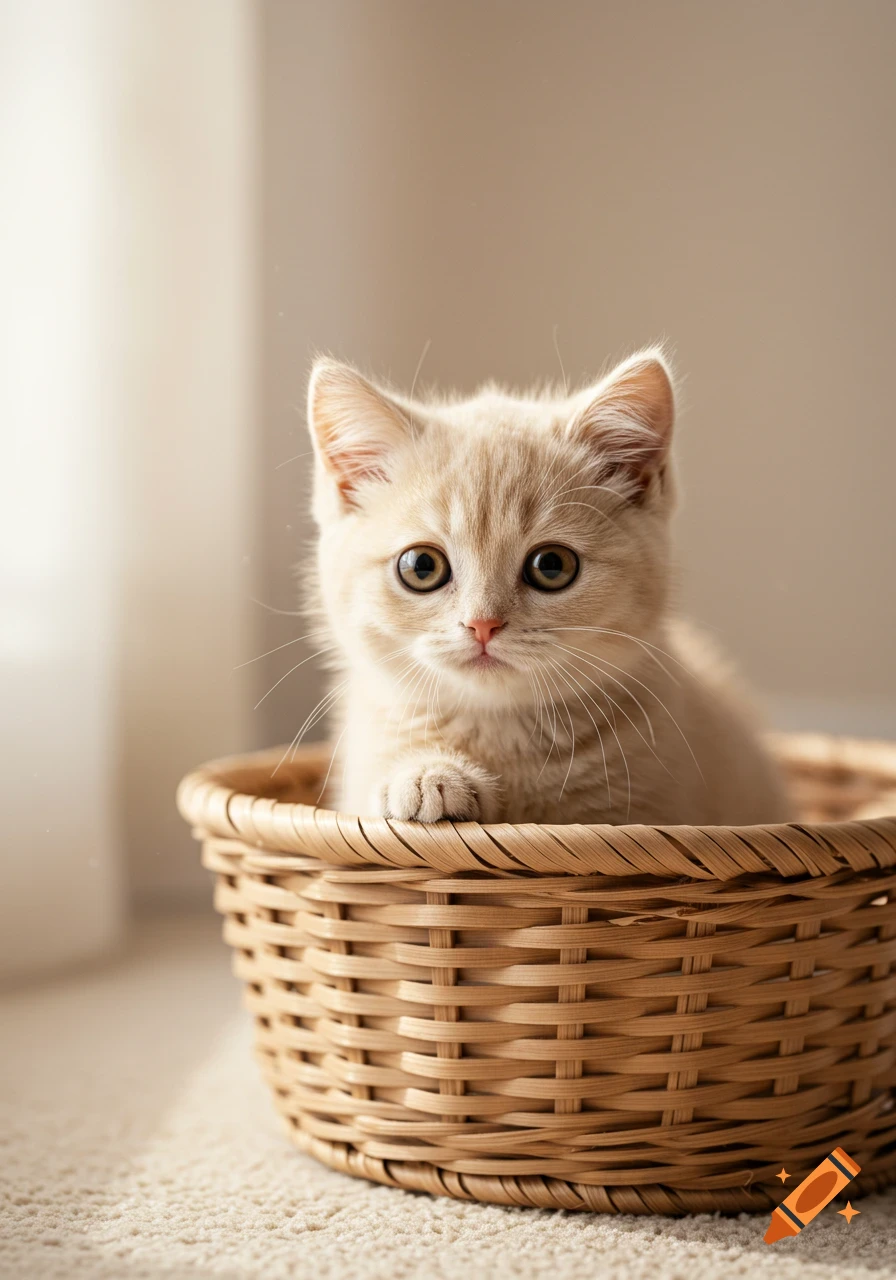 A fluffy cream-colored kitten with big eyes sits in a woven basket on a light carpet, looking forward. Photorealistic.