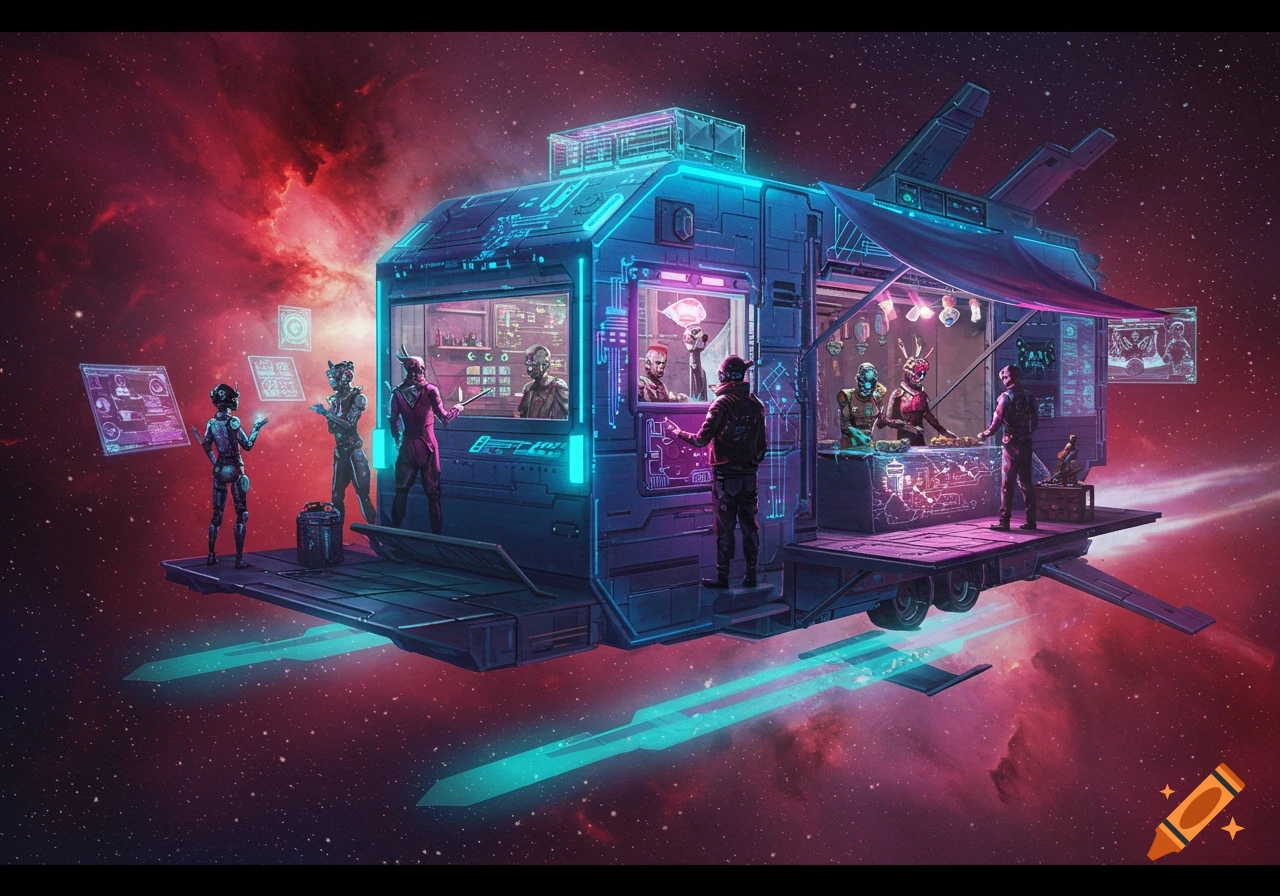A futuristic cyberpunk space caravan floats amidst a nebula, with alien and robot characters interacting around glowing holographic displays.