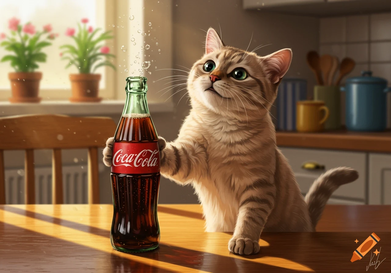 A tabby cat holds a Coca-Cola bottle on a wooden table in a sunlit kitchen.