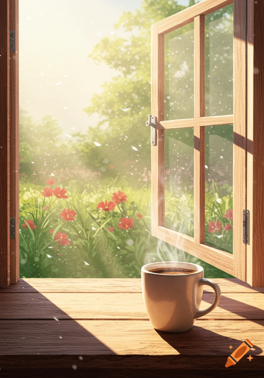 A steaming coffee mug on a wooden windowsill by an open window, overlooking a sunny garden with red flowers in an illustrated style.