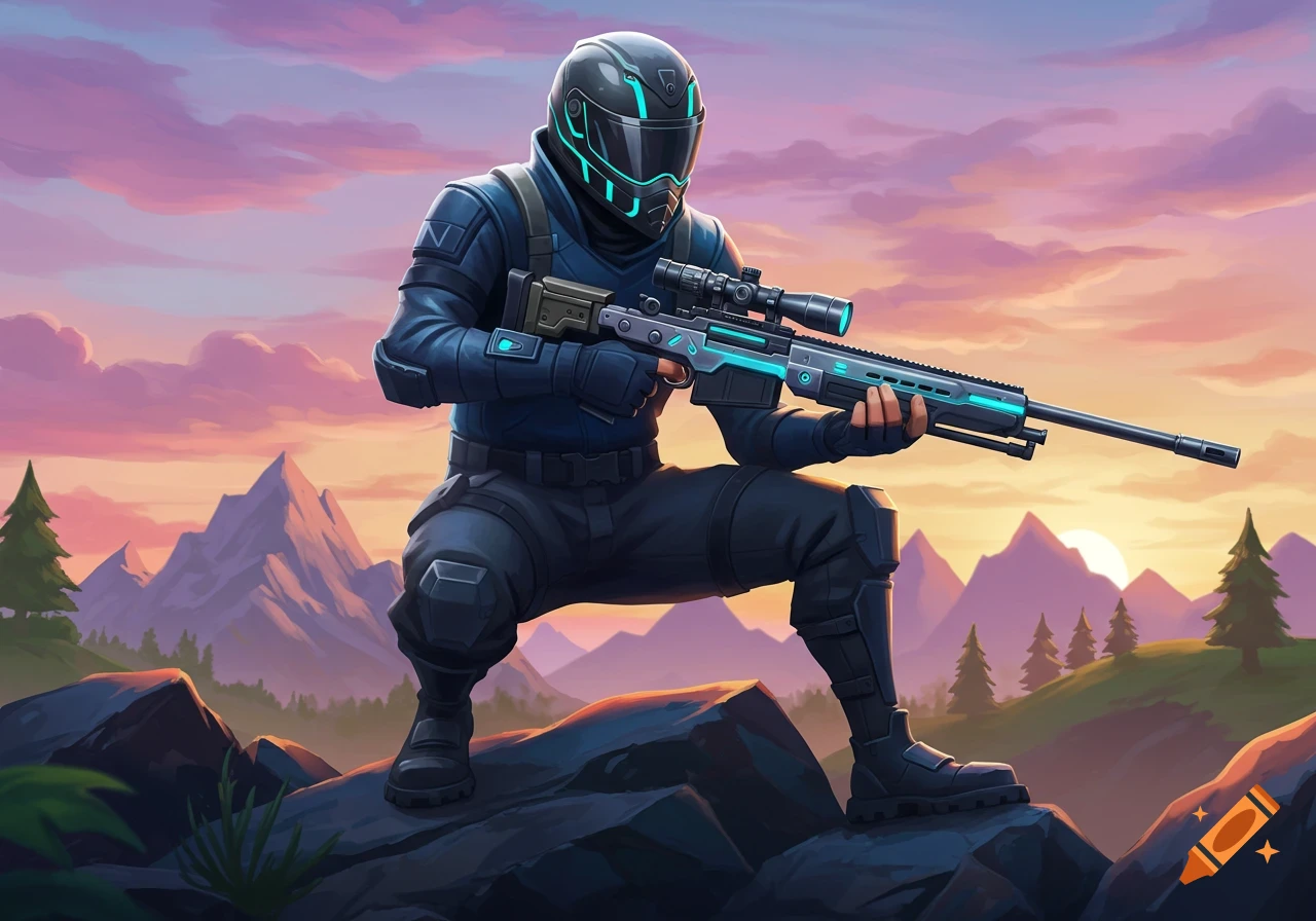 A stylized futuristic soldier in a dark suit and glowing helmet crouches with a sniper rifle on a rocky mountain at sunset.