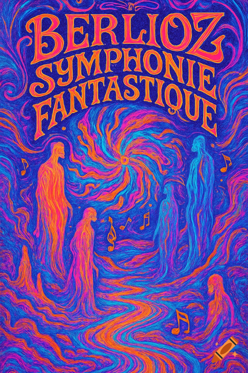 Psychedelic poster for Berlioz's Symphonie Fantastique with glowing abstract figures, musical notes, and swirling patterns in neon colors.