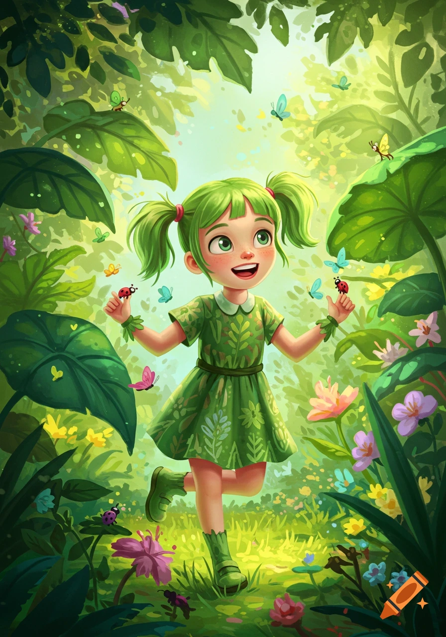 A cheerful cartoon girl with green pigtails and a green dress stands in a vibrant magical forest, surrounded by colorful butterflies and ladybugs.