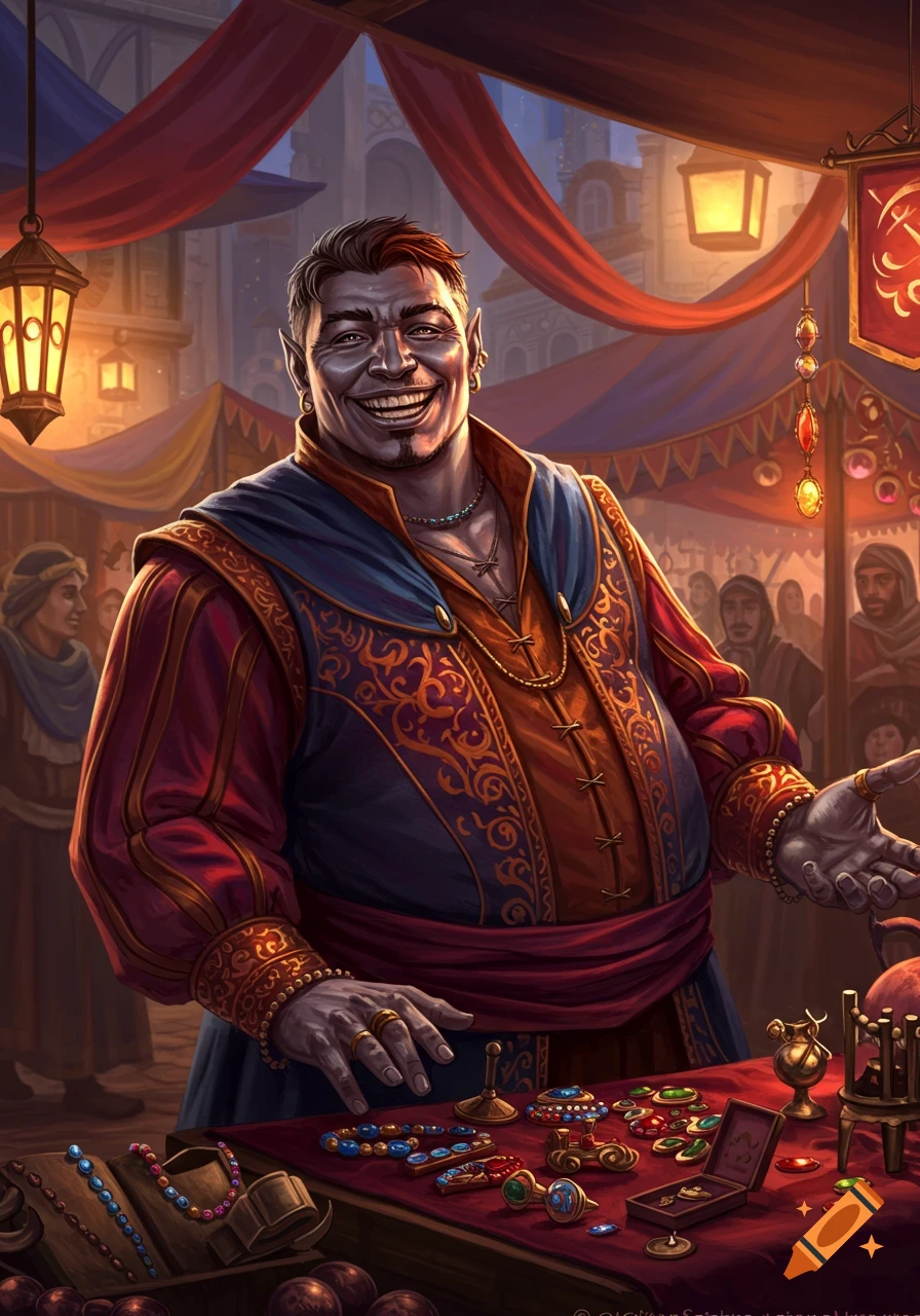 A grinning fantasy merchant with silver teeth displays an array of colorful jewelry at a bustling market stall.