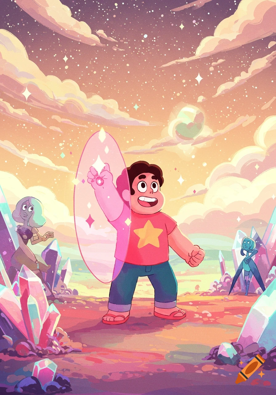 Steven Universe holds a glowing pink shield in a vibrant, crystal-filled alien landscape under a starry sky.