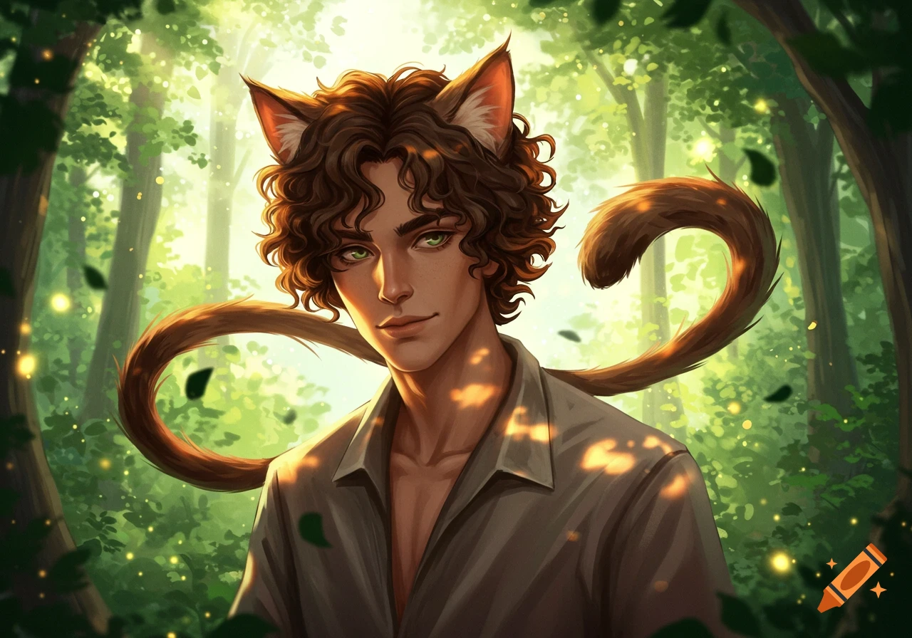 A male fantasy character with curly brown hair, green eyes, cat ears, and a long tail smiles in a sun-dappled forest.